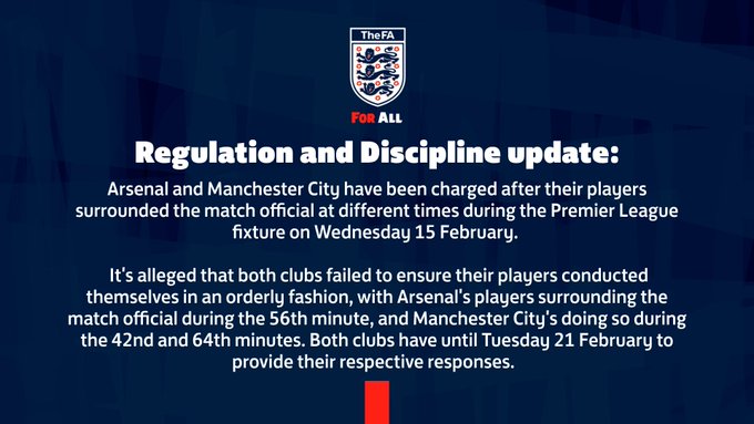 因阿森纳与曼城球员比赛中围堵裁判，英足总对两家俱乐部提出指控