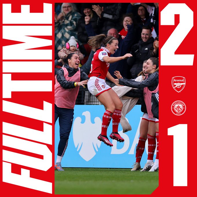 逆转取胜，英格兰女足超级联赛阿森纳女足2-1击败曼城女足