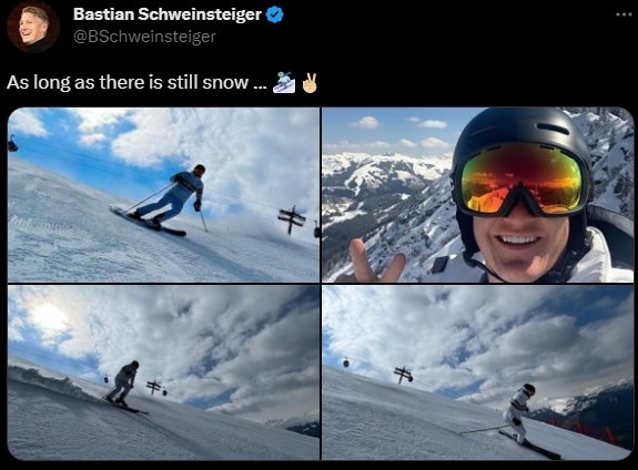 施魏因斯泰格晒滑雪照笑容满面：只要还有雪，就要继续滑！