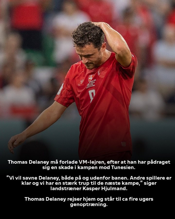 丹麦官方：中场德莱尼因伤退出世界杯，预计需要4周恢复时间