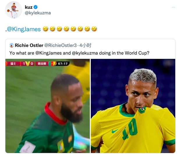 库兹马转发喀麦隆20号和理查利森照片：老詹和库兹马在踢世界杯？