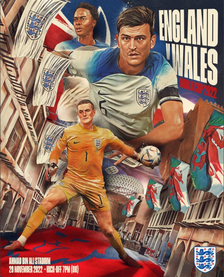 英格兰发布对阵威尔士海报：皮克福德、马奎尔、斯特林出镜