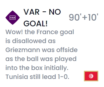 格列兹曼第98分钟破门，主裁观看VAR判定越位在先，进球无效