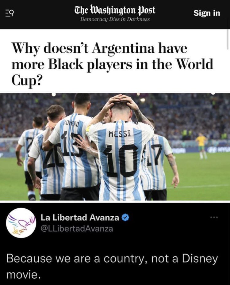 美媒发文《为何阿根廷队没更多黑人》遭怼：我们不是迪士尼