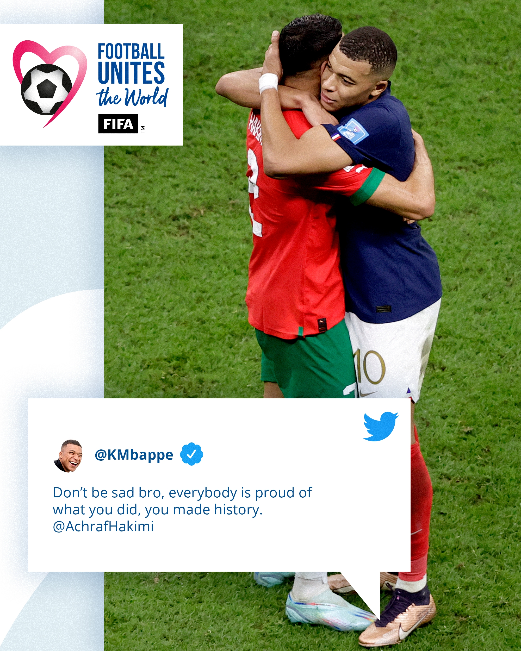 国际足联官方晒姆巴佩&阿什拉夫拥抱照，宣传二人友谊