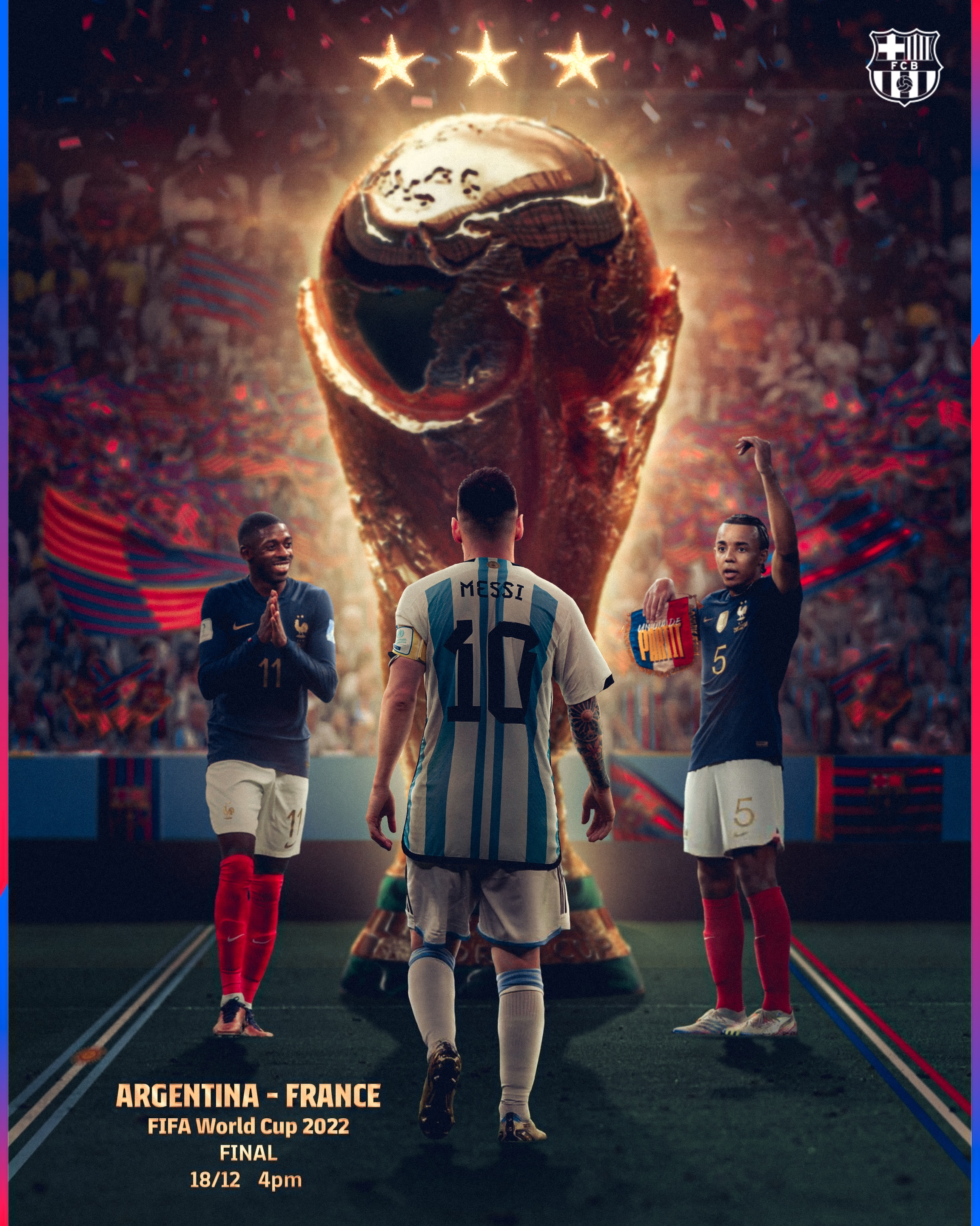 念念不忘~巴萨晒世界杯决赛海报：梅西C位，面对登贝莱&孔德