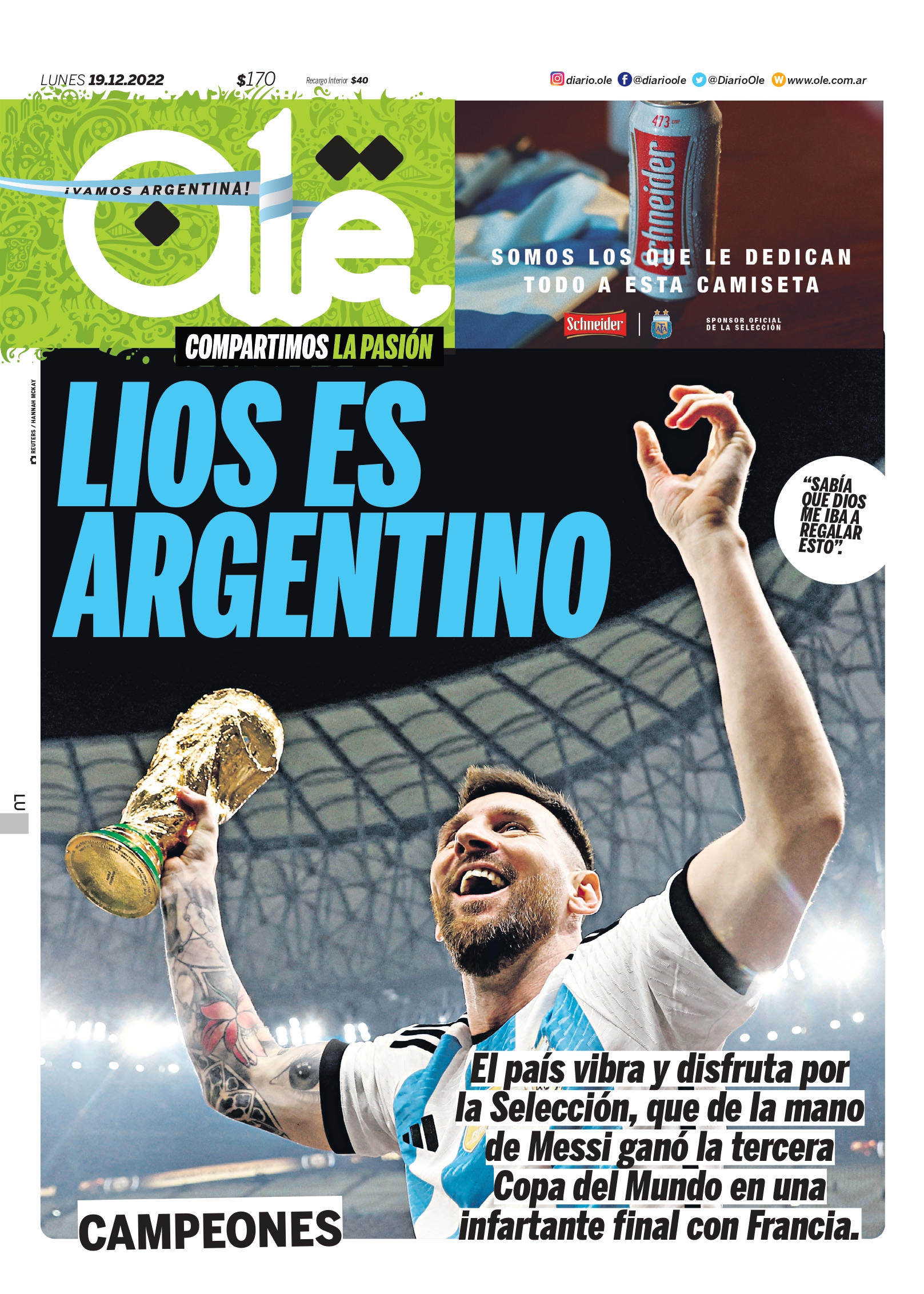 奥莱报头版：这是我们梦寐以求的封面，梅西手握阿根廷的第三冠