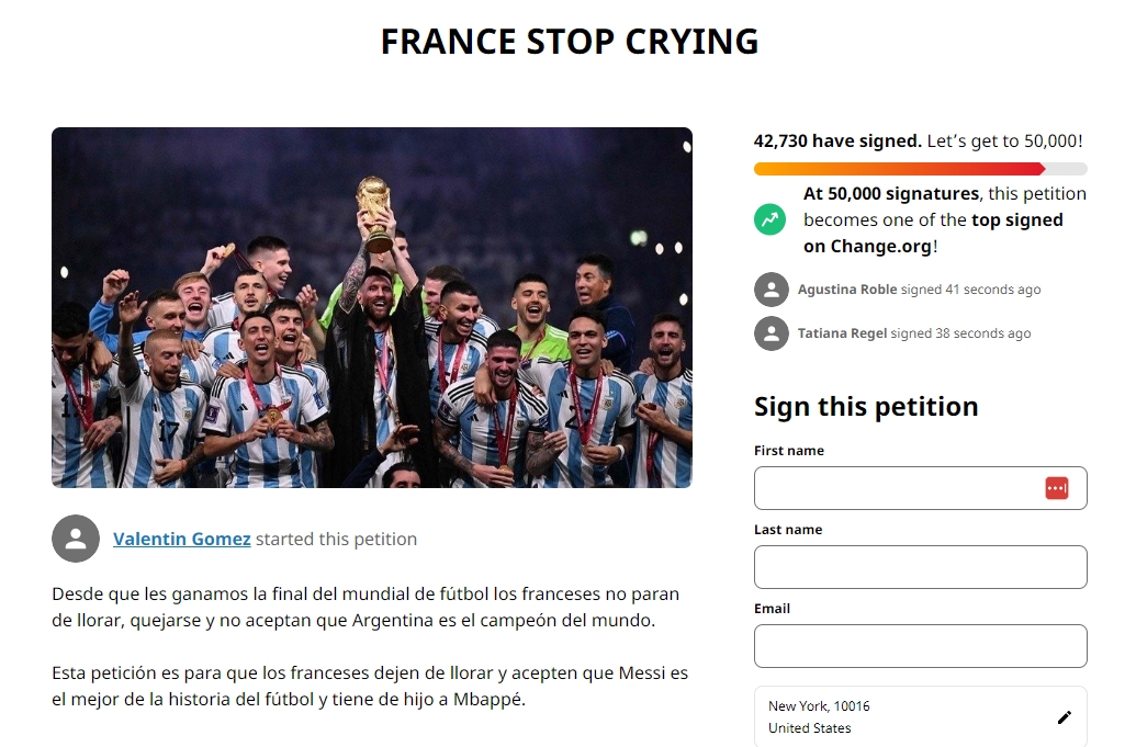 阿根廷球迷发起“法兰西停止哭泣”请愿，几小时已有4万人签署