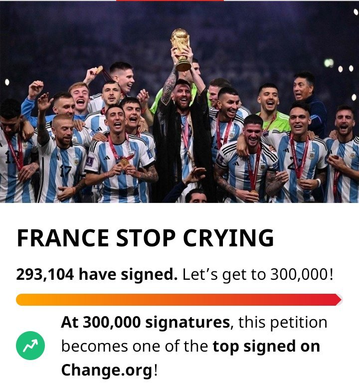 阿根廷球迷发起“法国停止哭泣”的请愿，目前已有将近30万人签署