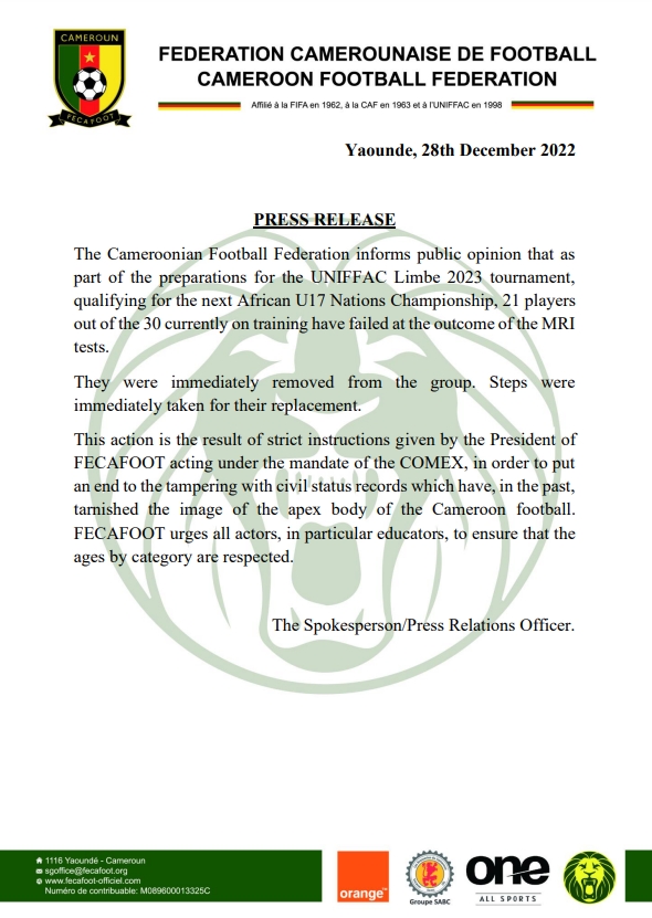 喀麦隆足协官方：因骨龄测试不合格，U17国家队30人有21人被开除