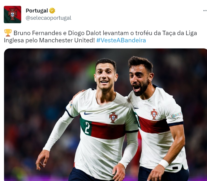 夺冠功臣！葡萄牙国家队祝贺B费和达洛特随曼联夺得联赛杯冠军