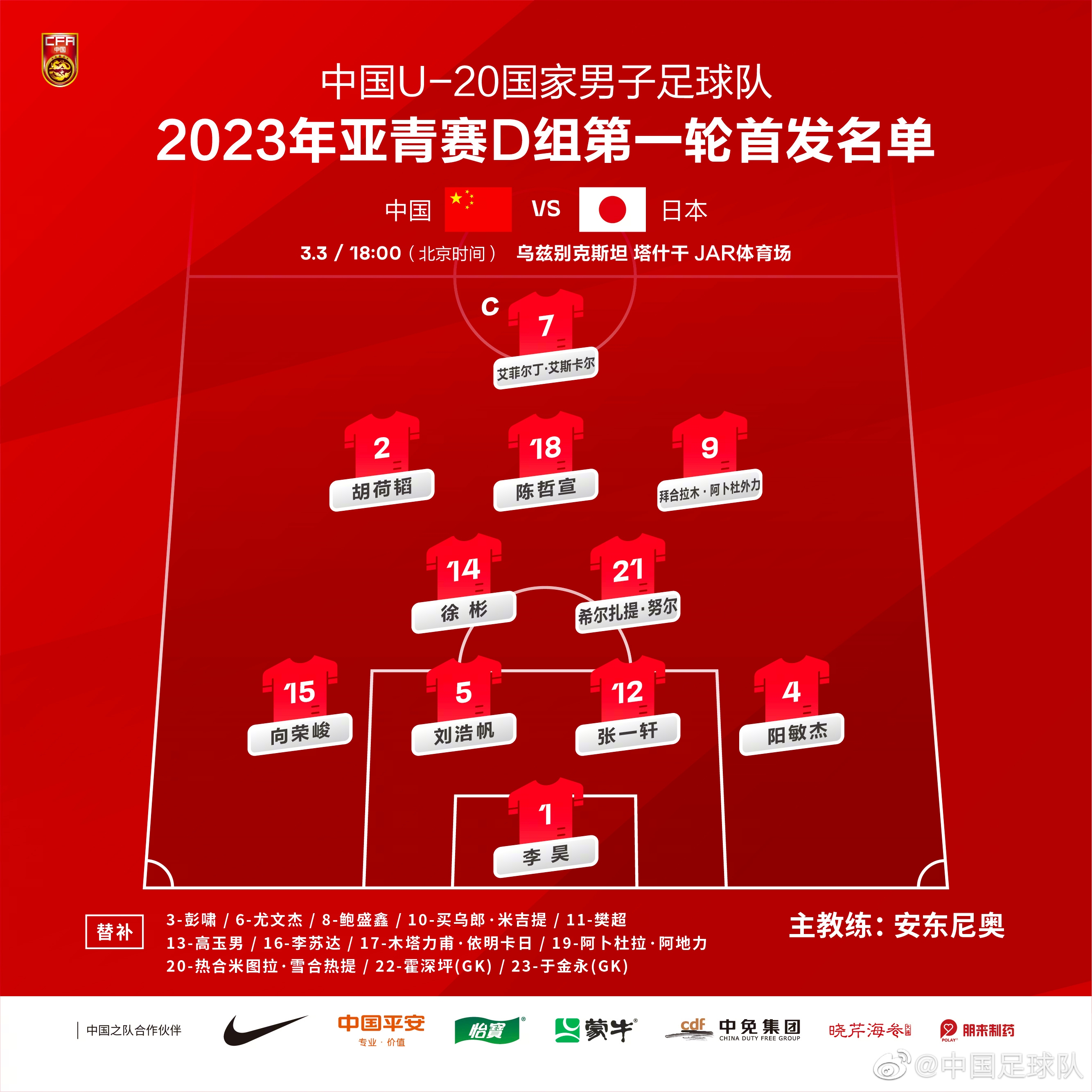 U20亚洲杯-中国vs日本首发：艾菲尔丁、胡荷韬先发，拜合拉木出战