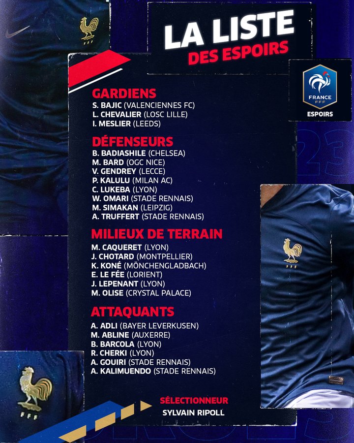 法国U21热身赛名单：卡卢卢、巴迪亚希勒、夸迪奥-科内在列