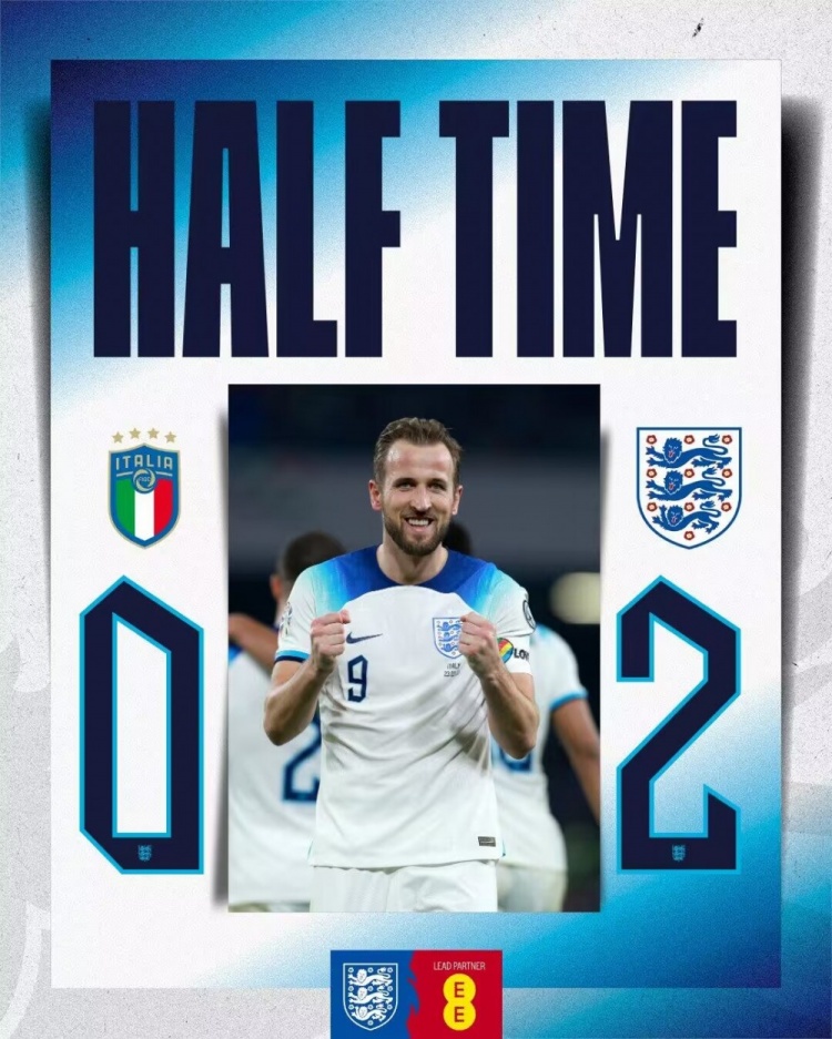 半场-凯恩独享队史射手王赖斯破门 英格兰2-0领先意大利