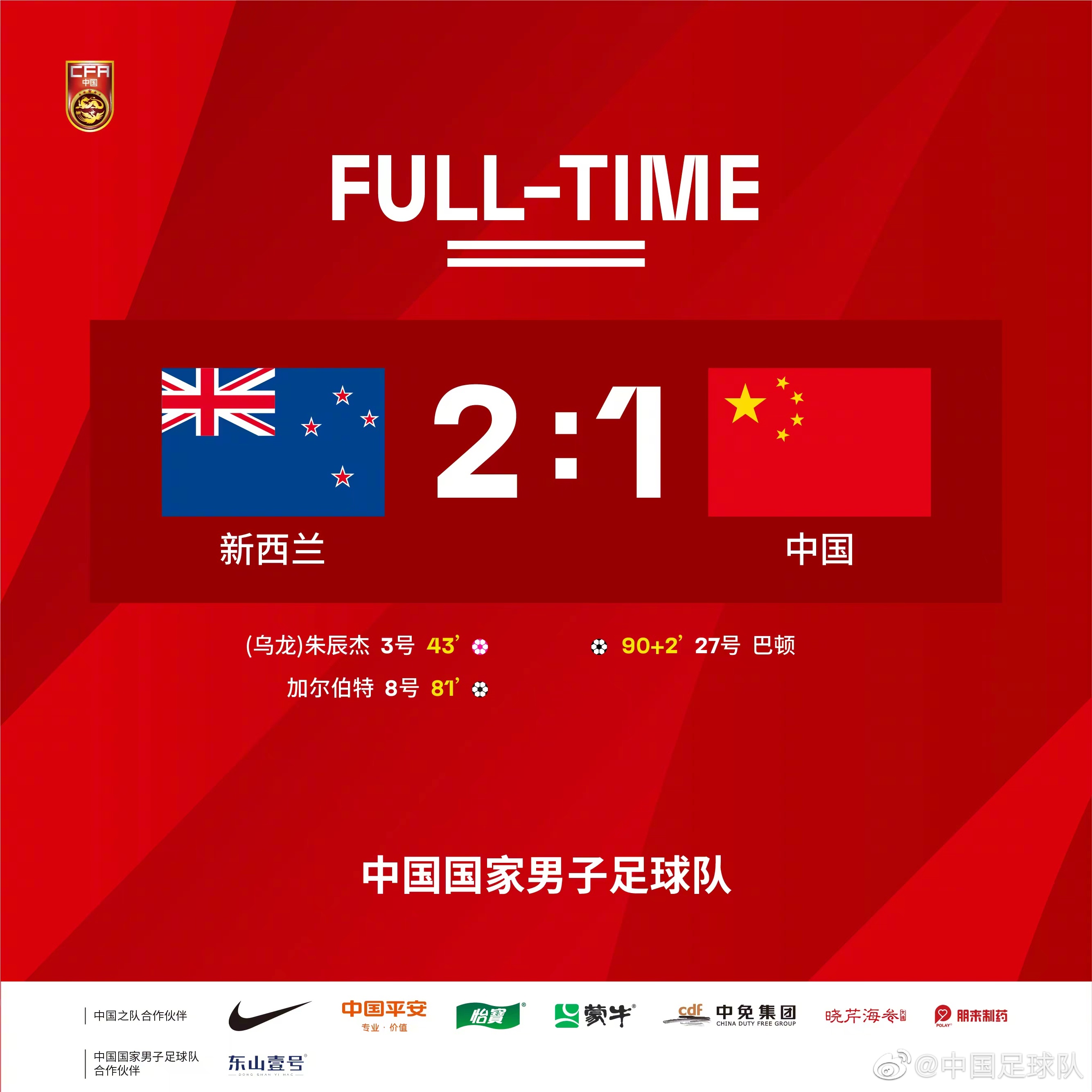 中国国家男子足球队1：2负于新西兰国家男子足球队