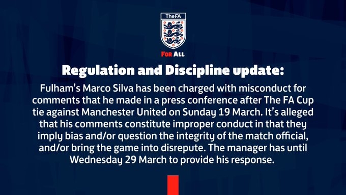 官方：在对曼联比赛后发表不当言论，富勒姆主帅席尔瓦遭到指控