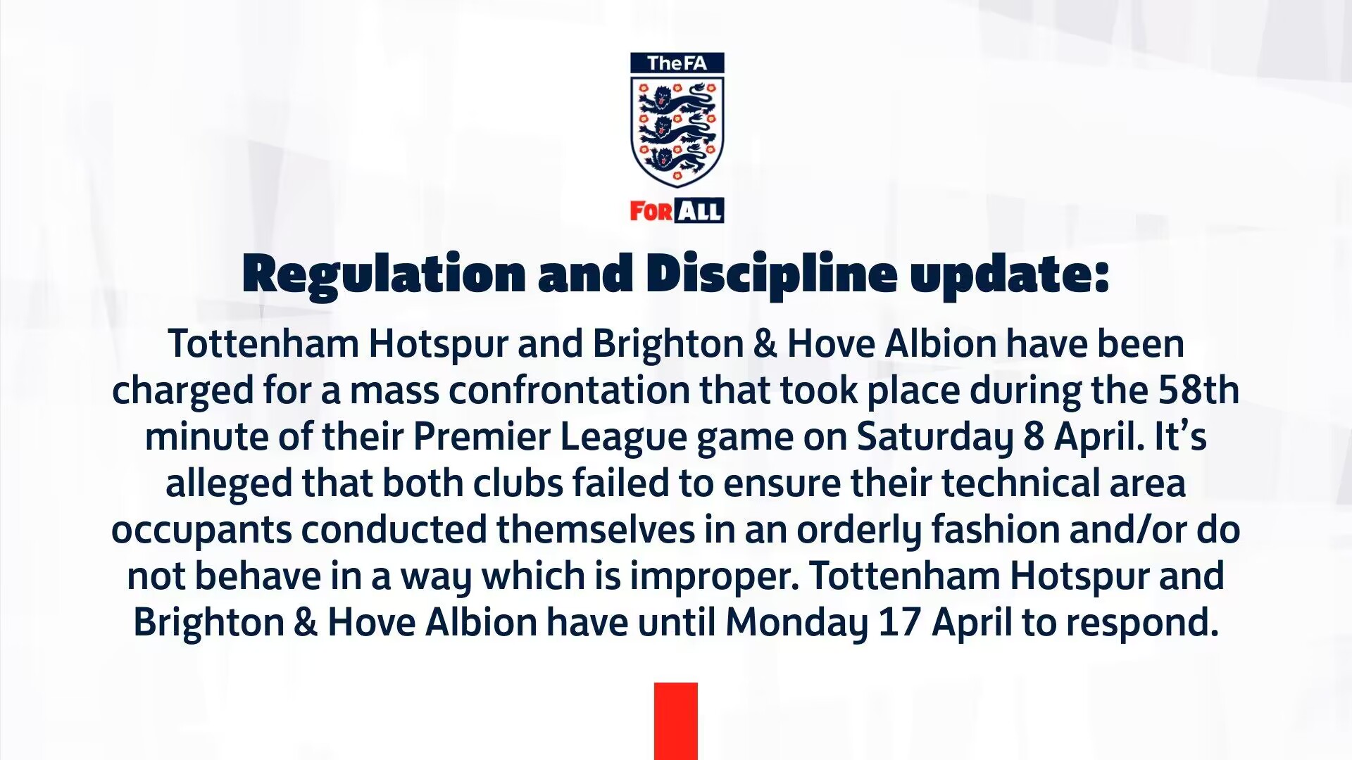 官方：因教练组爆发大规模冲突，英足总向热刺和布莱顿提起指控