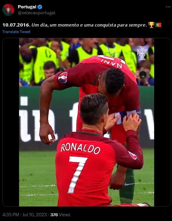 葡萄牙官推回顾欧洲杯夺冠：一天，一刻，永远的成就