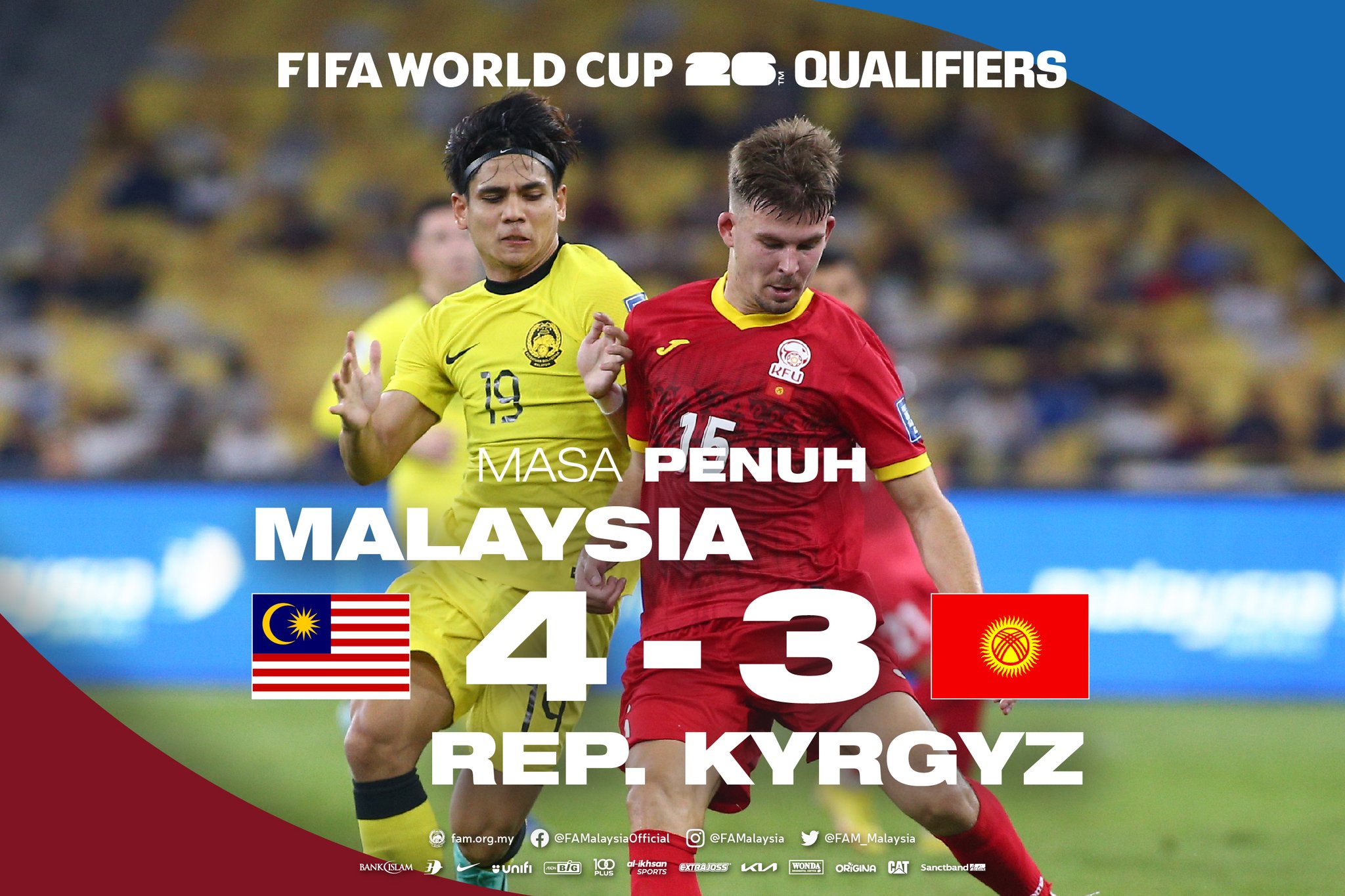 惊天逆转世亚预36强战，马来西亚连追3球43逆转吉尔吉斯斯坦