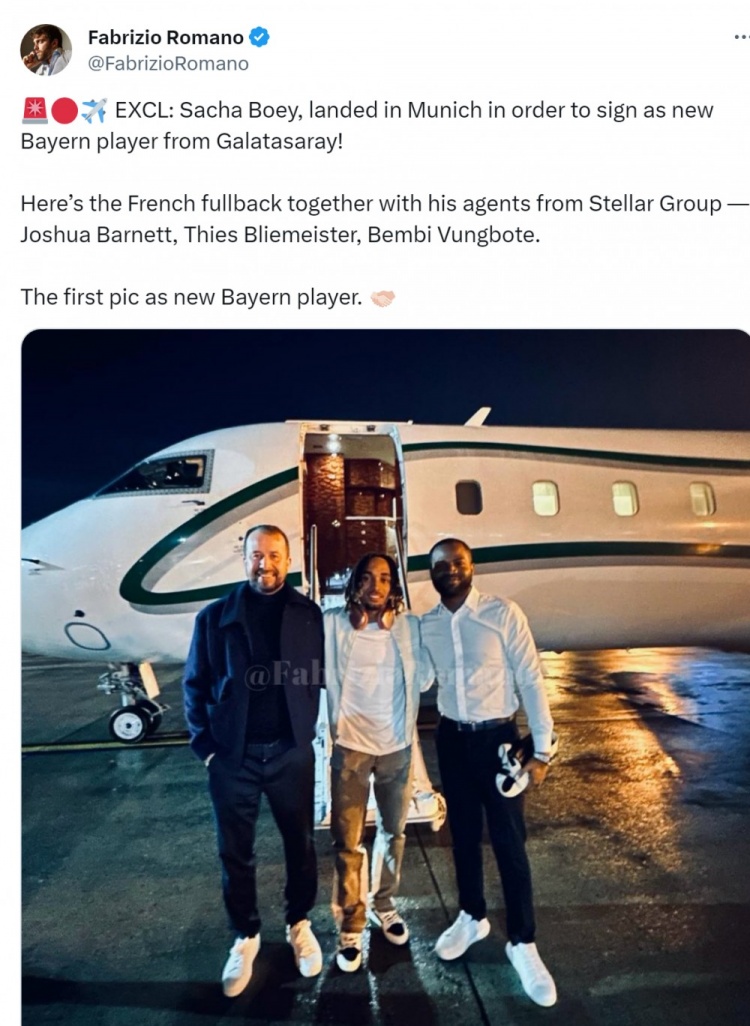 罗马诺：博伊乘坐的飞机已抵达慕尼黑，球员将与拜仁签约