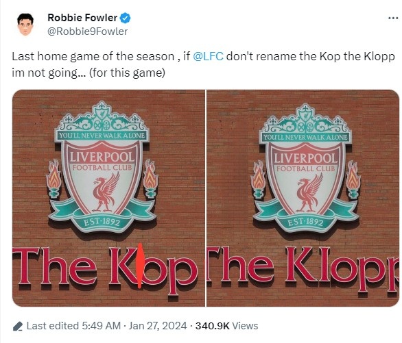 福勒：若利物浦本赛季最后一战不把Kop改成Klopp，我就不去看了