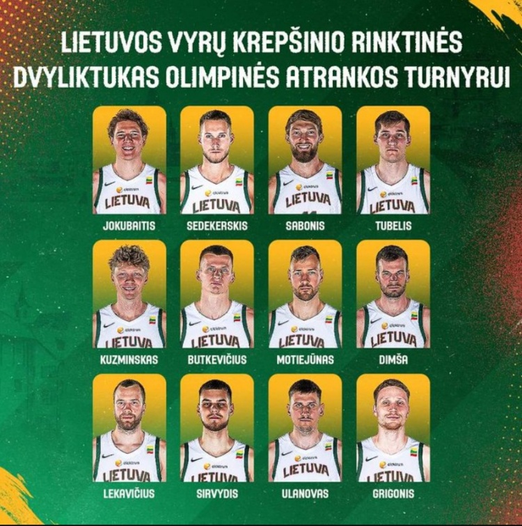 立陶宛男篮奥运资格赛12人名单出炉：小萨领衔莫泰在列