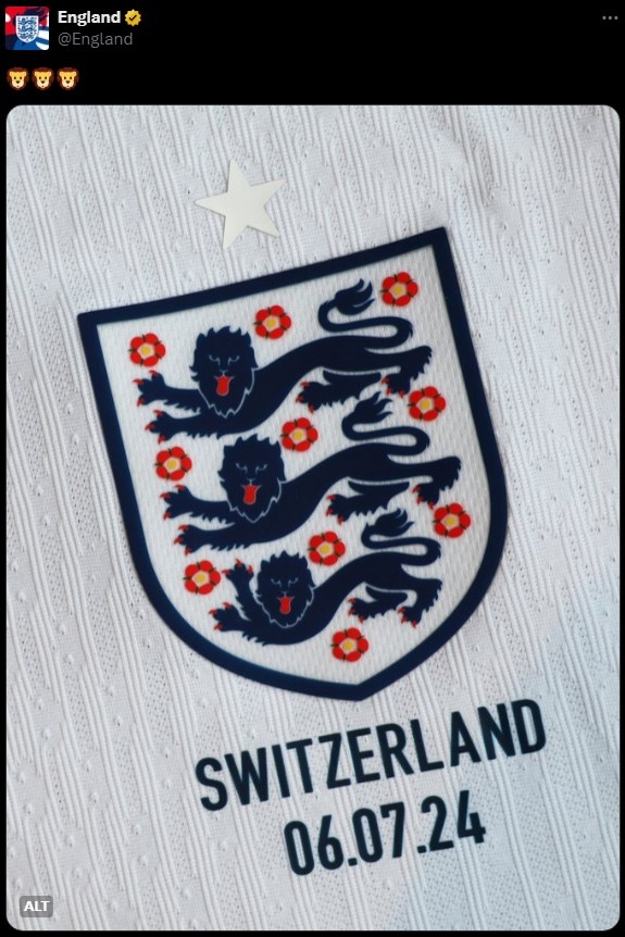 英格兰官推晒队徽，预热欧洲杯14决赛激战瑞士