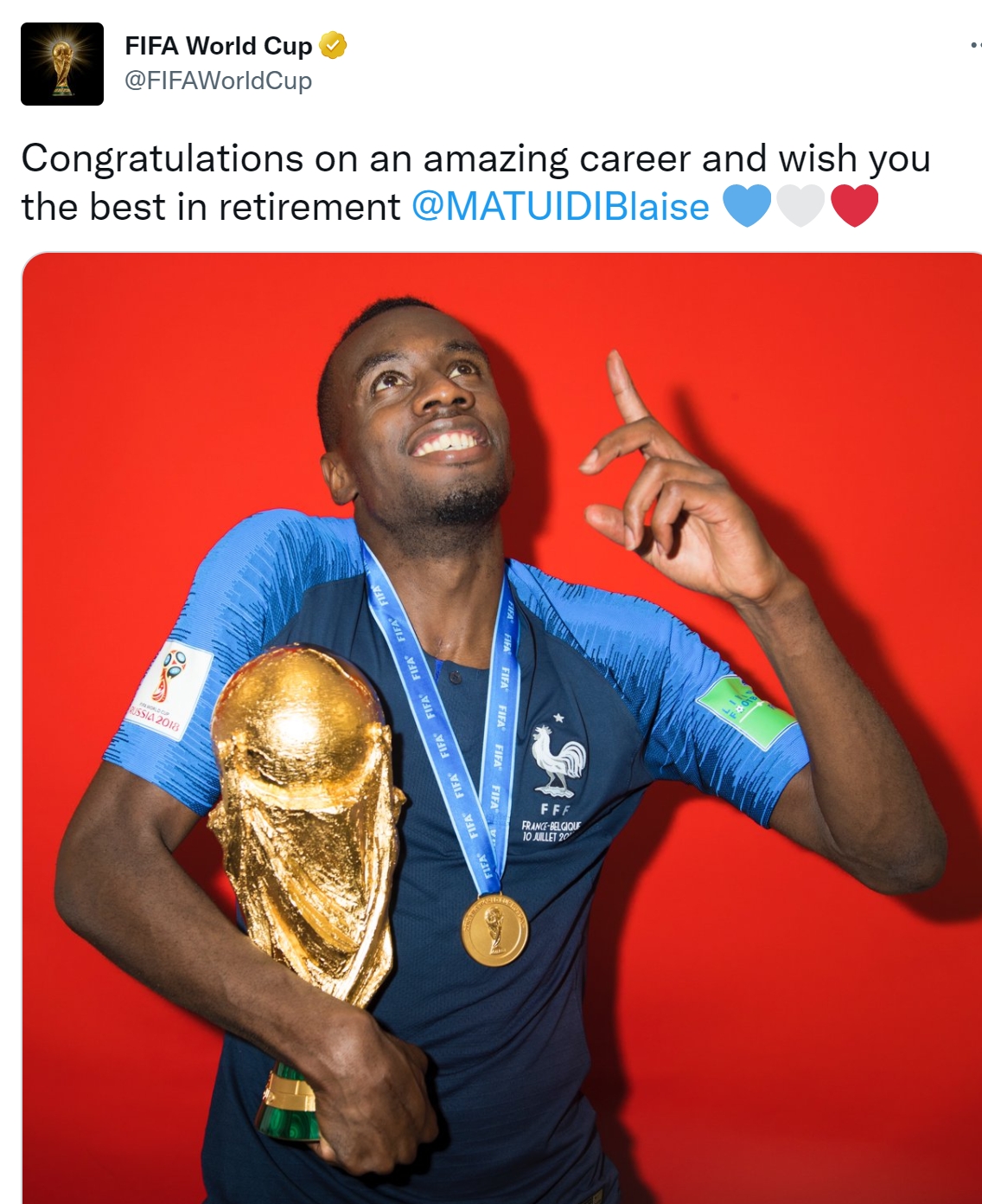 FIFA世界杯官方致敬马图伊迪：你有出色的职业生涯，祝你一切顺利