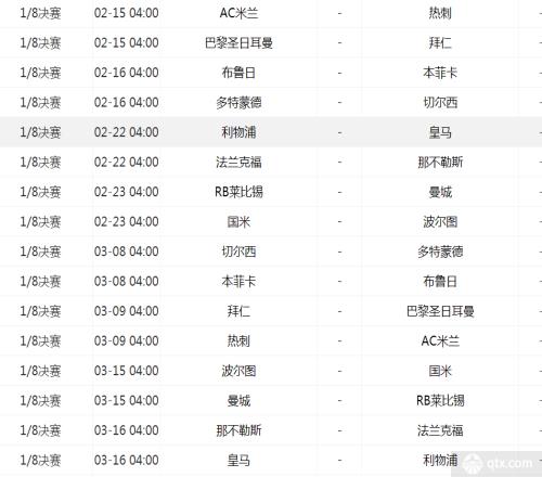 欧冠1/8决赛赛程表