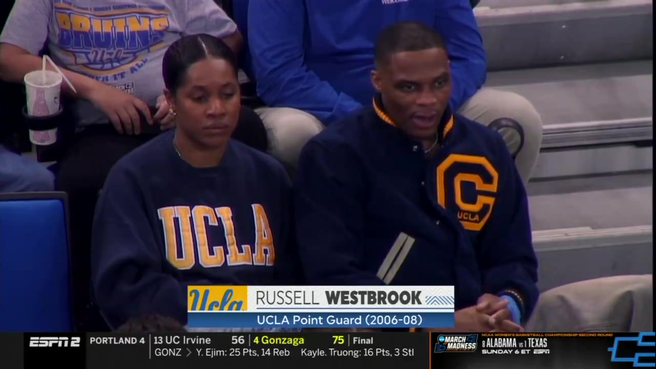 夫妻相十足呀！威少和妻子一起现身UCLA疯狂三月比赛场边！