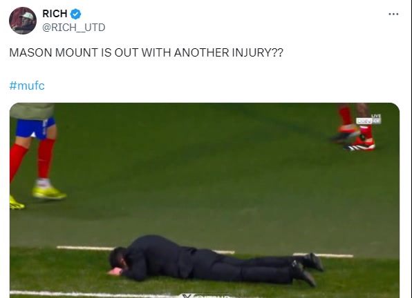 曼联球迷晒西蒙尼懵逼倒地视频吐槽：芒特又双叒叕受伤了
