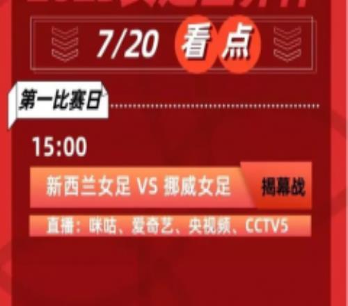 女足世界杯7月20日赛程全部安排：15:00揭幕战新西兰VS挪威 18点澳大利亚出战