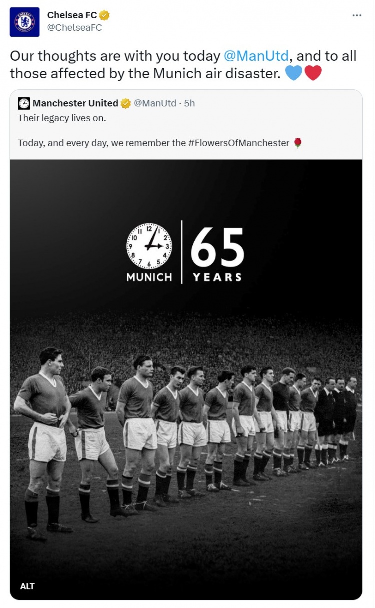切尔西悼念慕尼黑空难：曼联及受影响的人，我们与你们同在
