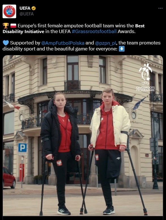 官方：波兰女子截肢足球队获欧足联草根足球奖的最佳残疾人倡议