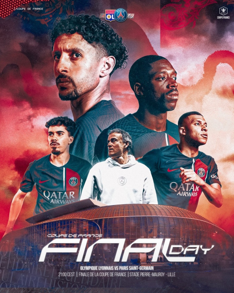 巴黎法国杯决赛海报：姆巴佩入镜，马尔基尼奥斯和登贝莱居C位