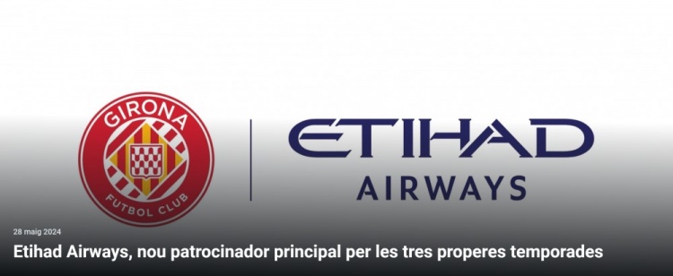 下赛季预算或达1亿！官方伊蒂哈德航空成为欧冠新军赫罗纳赞助商
