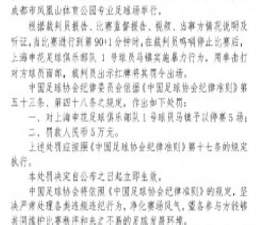 上海申花门将马镇被罚 追加停赛5场罚款5万